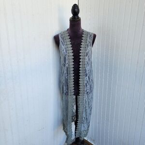 Polly Esther Gray Green Lace Open Front Blouse Duster Womens Stretch Nylon Sz M